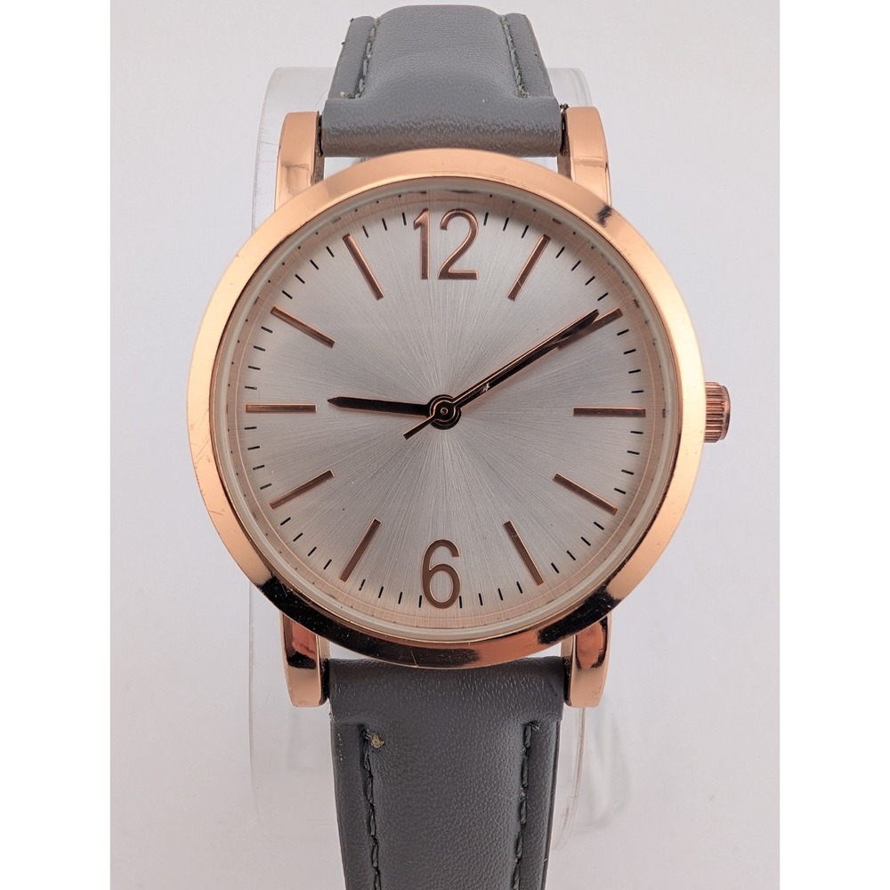 Women's Quartz Watch 32mm Rose Gold Case Gray Faux Leather Band- New Battery